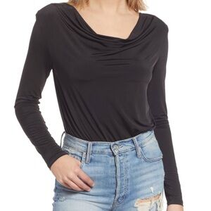 WAYF Women's Black Solano Ruched Draped Cowl Neck Shoulder Pad Bodysuit Size S